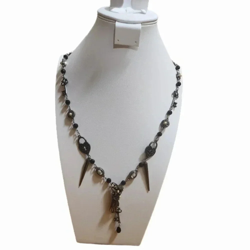 Black silver tone statement long necklace